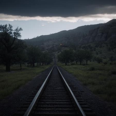 cinematic film still of cinematic film still of  <lora:Hyperrealism style:0.35> sharp detailed, Hyperrealism Style
 <lora:Red Dead Redemption style:0.55>
a dark sky with a train on the tracks,outdoors,sky,cloud,tree,no humans,night,cloudy sky,grass,nature,scenery,forest,mountain,road,dark,power lines,landscape,hill , epic, Western, adventures, outlaw, Red Dead, Western United States, wild west, cowboy, cowgirl, Open world, 1900's, realistic, cinematic, film look, dramatic light, partially covered in shadows, gang, Western-themed action-adventure, Red Dead Redemption style, shallow depth of field, vignette, highly detailed, high budget, bokeh, cinemascope, moody, epic, gorgeous, film grain, grainy