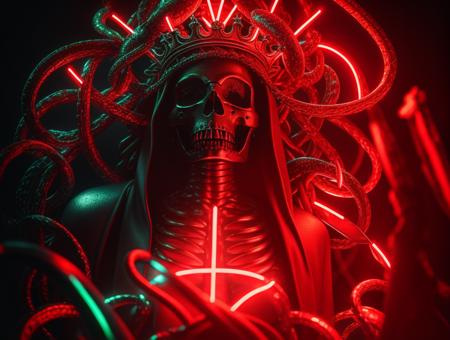 a close up of a statue with a neon light behind it, ash thorp, modern occultist, cinematic red lighting, crown of snakes, character design, chains and (red fluid background:0.7), cinematic still frame, redshift, the king of death, nether,  <lora:abstractor_yiu_v10:0.5>