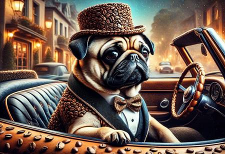 digital painting of a made of Coffee beans, cute pug in suit and bowtie, top hat and cutting edge sunglasses,  entirely made of retro sophistication texture, driving a convertible car, whimsical and magical atmosphere, soft lighting, highly detailed and stylized, concept art for a vintage charm-themed universe