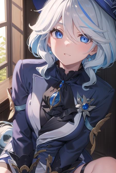 furina, blue eyes, blue hair, cowlick, ahoge, hair over one eye, light blue hair, short hair, asymmetrical gloves, black gloves, frills, gloves, half gloves, hat, shorts, tailcoat, thigh strap, top hat, white gloves, white shorts,