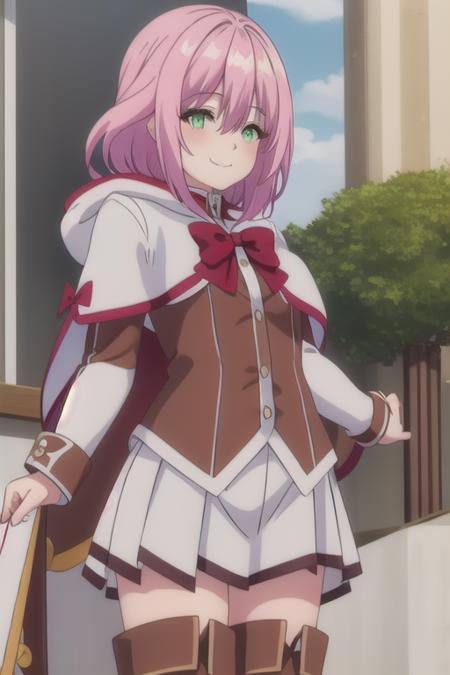 Norun medium hair,pink hair,sidelocks,hair between eyes,parted bangs,green eyes hood,white capelet,cloak,hood,red bow,red bowtie,brown tailcoat,long sleeves,medium breasts,white skirt,pleated skirt,thigh boots,brown footwear