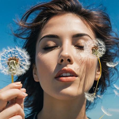 Close-up macro photography captures a woman as she gently blows an abundance of dandelion seeds, 
each one pirouetting through the air against a backdrop of a clear blue sky, 
infusing the moment with a sense of magical weightlessness, 
cinematic style, 
Polaroid nostalgia, 
soft-focus background, 
high shutter speed to freeze motion, 
natural light, 
vibrant yet delicate color palette, 
creating an ultra-realistic image, 
cinema