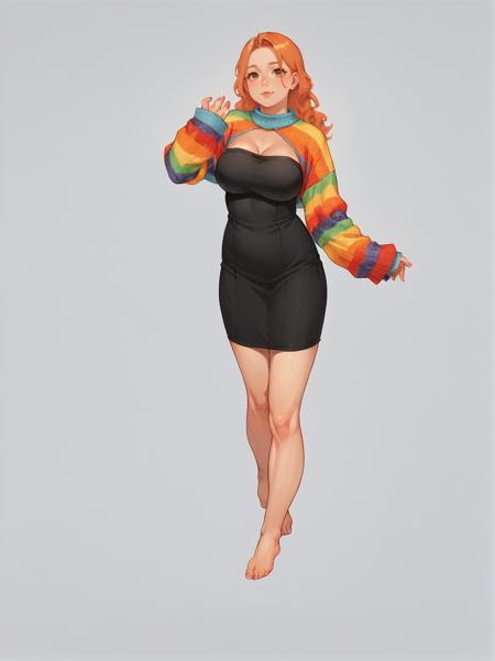 p0mp0mdr3ss, long sleeves, black dress with pompoms, striped, sleeves past wrists, sweater, multicolored clothes,