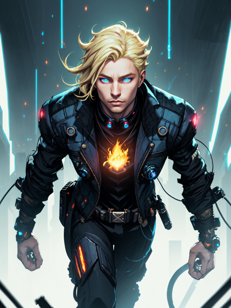 solo, blue eyes, blonde hair, 1boy, male focus, glowing, fire, black background, magic, cyberpunk background, sci fi vibes, Best_QualityPos