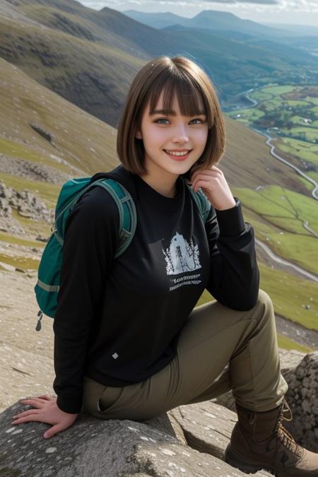 ((raw photo)),
Evie 22 years old, beautiful face, fashion model face, huge boobs, hiking jacket, black tee, cargo pants, walking boots, blonde hair, messy bob cut, bangs, green eyes, close up, tanned skin, full body shot, shy smile, sitting on rock high on mount Snowdon.
