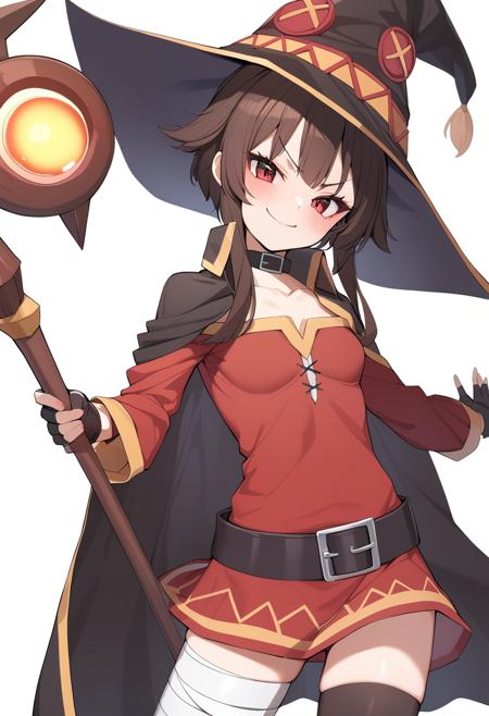 1girl, megumin, asymmetrical legwear, bandaged leg, bandages, belt, belt buckle, black belt, black cape, black choker, black gloves, black headwear, black thighhighs, breasts, brown hair, buckle, cape, choker, closed mouth, collarbone, cowboy shot, dress, fingerless gloves, gloves, hat, holding, holding staff, long sleeves, looking at viewer, red dress, red eyes, short dress, short hair, short hair with long locks, sidelocks, simple background, single thighhigh, small breasts, smile, smug, solo, staff, standing, thighhighs, v-shaped eyebrows, white background, witch hat, zettai ryouiki, masterpiece, best quality, <lora:Char - Megumin - v1 - Bionagato>