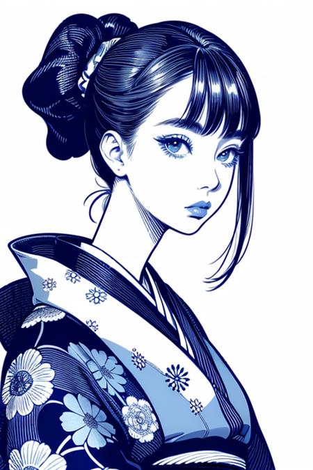 <lora:ballpointpen:0.9>, masterpiece, 1girl, ((upper body)), blue ballpoint pen drawing,  pale skin, long eyelashes,  (kimono:1.3),  look at viewer, face front, (hair scrunchie:1.2)