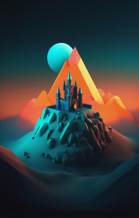 3d isometric, blender render, soft colorful-hued colors,  mystical sunset, dark sky, dark and moody, foggy, tiny castle on a mountain peak <lora:EnvyMoonriseXL01:1>, orange and teal color grading Two tone lighting, abstract geometric gradients, geometric shapes, simple background