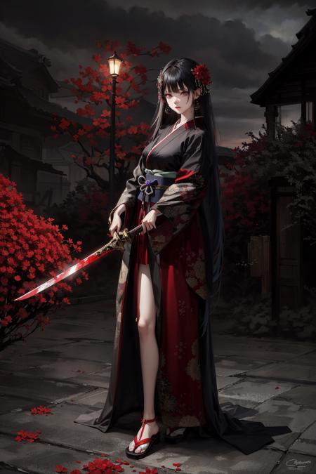 masterpiece, best quality, 
looking afar, full body, 
dark shot, horror, cluster amaryllis in full bloom , blood,
In the midst of a stormy night, a sorrowful girl adorned in Japanese battle attire stands determined, wielding a mystical sword against the ominous presence of her fated demon, as her vibrant hair ornaments symbolize the bond she shares with her family and allies,
detailed skin texture, detailed cloth texture,  beautiful detailed face, intricate details, ultra detailed,