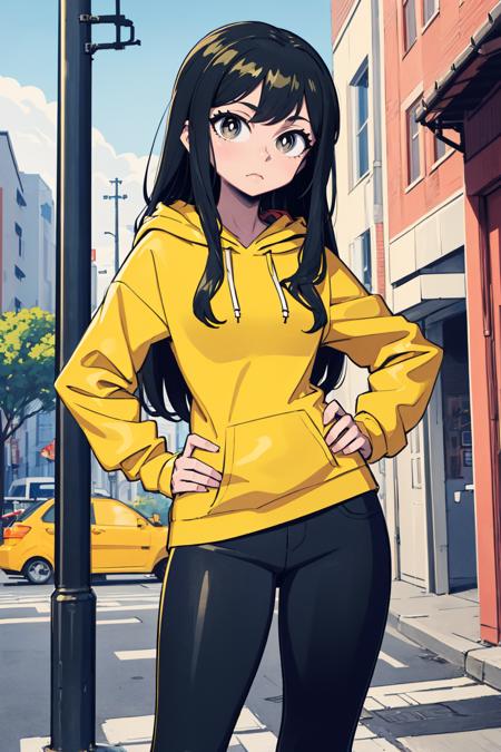 (masterpiece, best quality:1.2), <lora:sunafukitabito:.95>, sunafukitabito, 1girl, solo, yellow hoodie, grey pants, black hair, long hair, outdoors, street, hands on hips, looking at viewer,