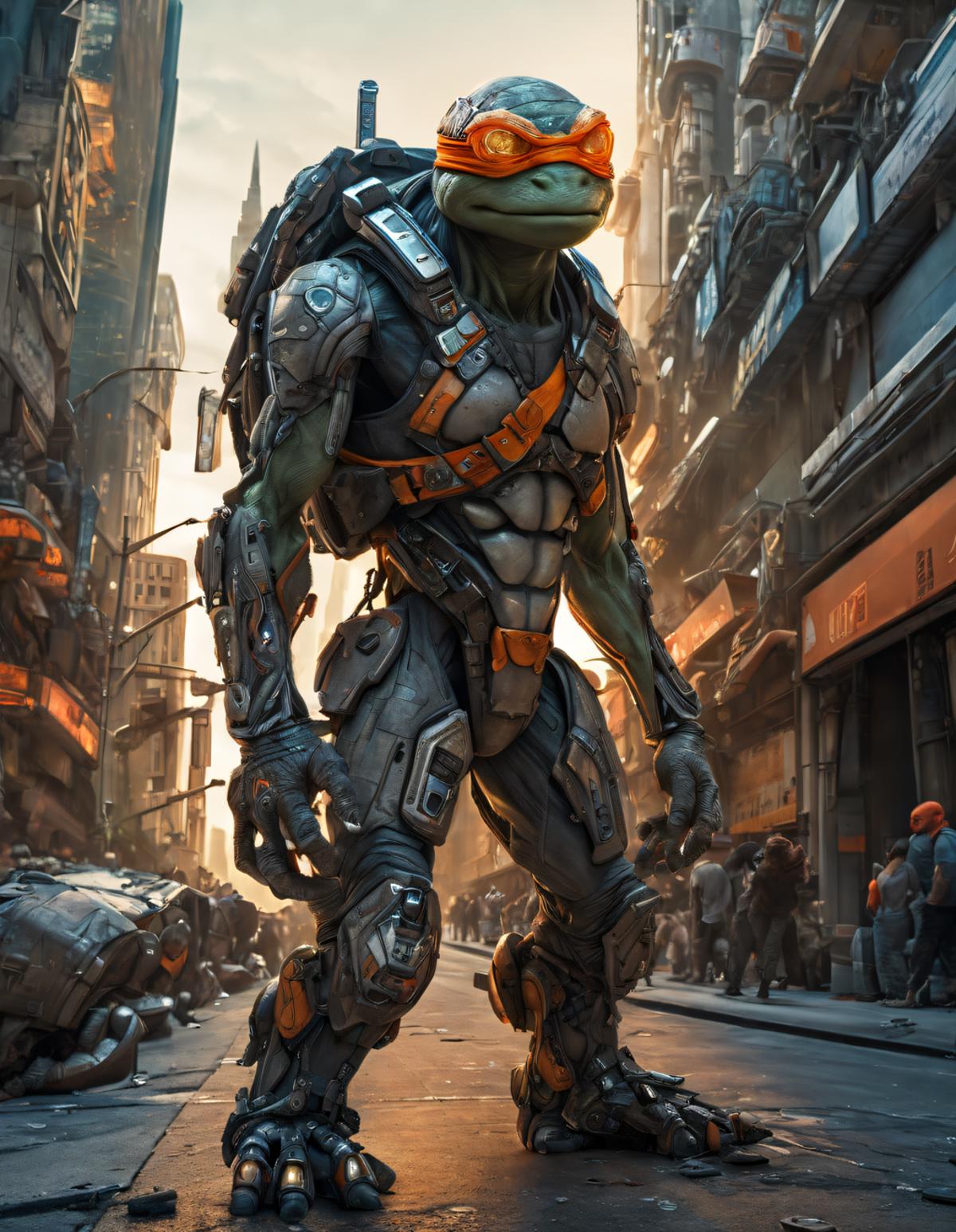 A robot or cyborg wearing a backpack and a frog-like headpiece.