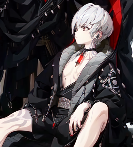 (best quality, masterpiece:1.5), 1boy, solo, <lora:e7Haste-07:.8>, hooded_jacket, choker, boots, shorts, short_hair, profile, sitting down, serious.