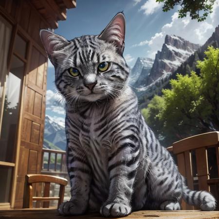 masterpiece, best quality, arcibaldocat, a cat sitting on a table, perfect eyes, upper body, sky background, mountains, trees, bloom, extremely detailed, cinematic lighting, (4k, hyper detailed), Global Illumination, (film grain:0.9), cute, best quality, DSLR, 24 Megapixels, Full Frame, , intense angle, masterpiece, portrait wallpaper, <lora:arcibaldocat:0.6>