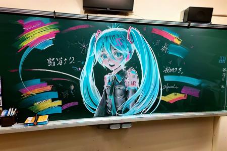 masterpiece, best quality, <lora:blackboard:1>,1girl,hatsune miku, chalkboard, traditional media,