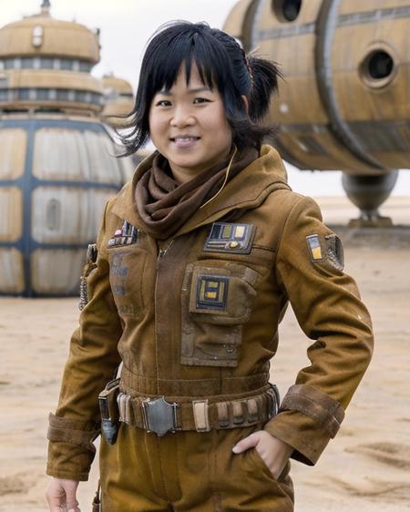 rosetico woman asian light beige skin black ponytail hair with bangs wearing gold coveralls and brown scarf metal greeble on left chest pocket wearing bandolier belt wearing brown boots