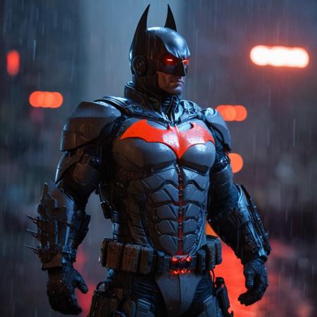 professional 3d model of  <lora:batman cyborg:1>
batman cyborg a man in a cyborg exoskeleton costume standing in the rain with glowing red eyes in the year 2042, octane render, highly detailed, volumetric, dramatic lighting