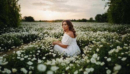 cinematic still a woman sitting on top of a field of white flowers . emotional, harmonious, vignette, 4k epic detailed, shot on kodak, 35mm photo, sharp focus, high budget, cinemascope, moody, epic, gorgeous, film grain, grainy, spontaneous picture of a woman sitting on top of a field of white flowers, taken by talented amateur. best quality, high resolution. magical moment, natural look. simple but good looking, UHD, 8K, ultra detailed, a cinematic photograph of a woman sitting on top of a field of white flowers, beautiful lighting, great composition, a woman sitting on top of a field of white flowers, highly detailed, cinematic, complex, glowing, elegant, intricate, sharp focus, thought, dramatic ambient light, professional still, stunning, enhanced quality, detail, very fine, innocent, singular colors, extremely aesthetic, worthy, heroic, perfect, beautiful, cute, best, colorful, artistic, romantic, passionate