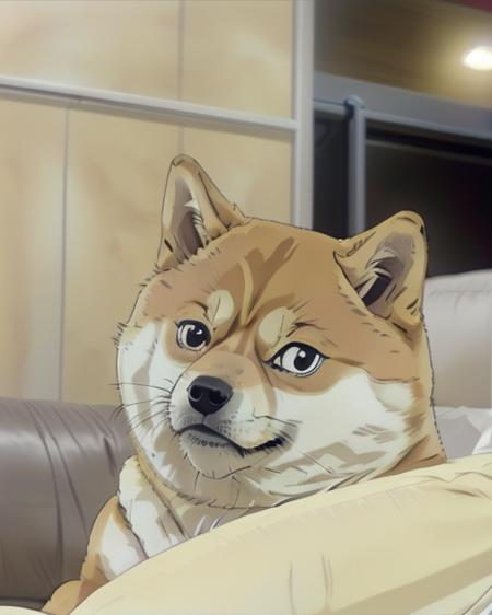 anime, closeup portrait of a Shiba doge ,indoors in a lounge sitting onthe yellow couch  <lora:NEOTOKIO_V0.01:.95>  <lora:Doge_mnty_merge60_30:.8>