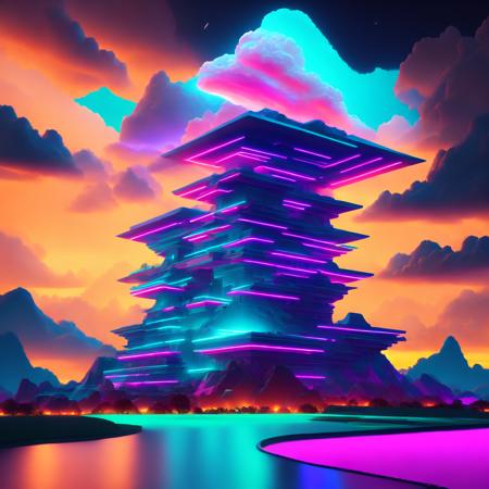 (neoncitadel style:1) Neon Citadel with a storm cloud above it <lora:djzNeonCitadelV21_LoraBooth:1>