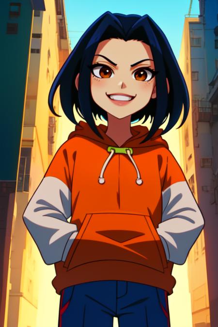 Jade, short black hair, brown eyes, hands in pockets, upper body, smiling, 
JaOran, orange short sleeved hoodie, white long sleeves, hood down, sneakers , blue pants,
 cartoon Hong Kong, morning,
 (insanely detailed, beautiful detailed face, masterpiece, best quality) cinematic lighting, anime, 
 <lora:Jade-10v2:0.7>