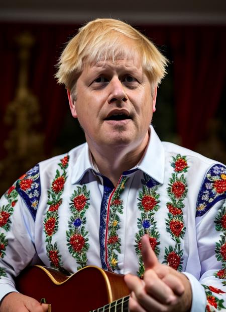 (masterpiece, best quality, awards winner) close up portrait Boris Johnson wdressed in  embroidered shirt sing song, (floral embroidery, floral print, pointing,), (microphone), 1 man, photography, trending on artstation, sharp focus, studio photo, intricate details, highly detailed, 8k, hdri, hyperrealisti  <lora:boris:0.95>   <lora:edgVyshivanka:1>