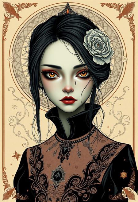 A gothic-fantasy heroine, her boldly designed outfit and eyes painted in  precise style, yet her face carries a deep, contemplative sadness reminiscent of expressionist figures. surreal flowing line art, dreamlike fairytale composition, soft pastel Art Nouveau tones, elegant ornamental patterns, minimalist yet decorative, poetic symbolism, celestial and mythical themes, intricate yet airy