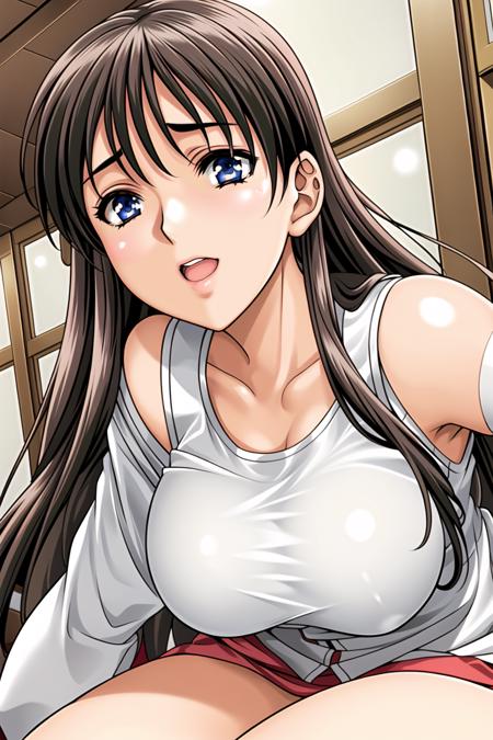 Simple White Background,
red vest, white shirt, long sleeves, 
<lora:Shiho_Minazuki_Shuusaku-KK77-V1:0.7>,
black hair,blue eyes,Bangs,Very Long hair,
<lora:Mariana_Luciano_NON_VIRGIN-KK77-V1:0.3>,<lora:more_details:0.1>,
1 girl, 20yo,Young female,Beautiful Finger,Beautiful long legs,Beautiful body,Beautiful Nose,Beautiful character design, perfect eyes, perfect face,expressive eyes,perfect balance,
looking at viewer,(Focus on her face),closed mouth, (innocent_big_eyes:1.0),Light_Smile,
official art,extremely detailed CG unity 8k wallpaper, perfect lighting,Colorful, Bright_Front_face_Lighting,shiny skin, 
(masterpiece:1.0),(best_quality:1.0), ultra high res,4K,ultra-detailed,
photography, 8K, HDR, highres, absurdres:1.2, Kodak portra 400, film grain, blurry background, bokeh:1.2, lens flare, (vibrant_color:1.2),professional photograph, 
(Beautiful,large_Breasts:1.4), (beautiful_face:1.5),(narrow_waist),