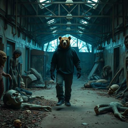 An anthro grizzly bear urban explorer wearing a black hoodie is walking through a house of horrors in an abandoned amusement park. Various deteriorated and broken scary props are lying around. It is late evening and the scene has an eerie atmospheric cinematic look with contrasting shadows and light.