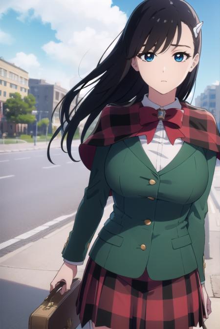 noelniihashi, <lora:noel niihashi anime-lora-nochekaiser:1>,
noel niihashi long hair, blue eyes, black hair, hair ornament, hairclip, (large breast:1.2),
BREAK skirt, shirt, long sleeves, bow, school uniform, jacket, white shirt, pleated skirt, collared shirt, bowtie, red bow, plaid, capelet, blazer, green skirt, green jacket,
BREAK outdoors, city, sun, sky, clouds,
BREAK looking at viewer, (cowboy shot:1.5),
BREAK <lyco:GoodHands-beta2:1>, (masterpiece:1.2), best quality, high resolution, unity 8k wallpaper, (illustration:0.8), (beautiful detailed eyes:1.6), extremely detailed face, perfect lighting, extremely detailed CG, (perfect hands, perfect anatomy),