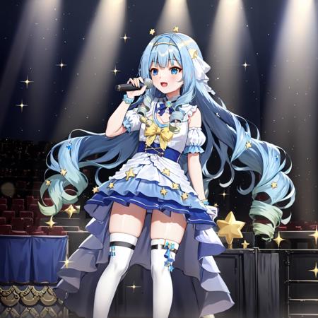 Jelly Hoshiumi, 1girl, blue hair, very long hair, star, (headband, hair ornament:1.5), blue hair, blue eyes, long hair, idol, on a stage at a concert, singing into a microphone, full body  <lora:JellyHoshiumi:0.3>