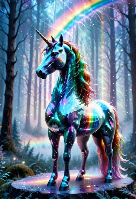 lazympos, h4v_h0l0, holographic unicorn with horn made of starlight filaments and rainbow refractions, standing in a cracked lightscape, fog swirling with rainbow particles, fairy forest