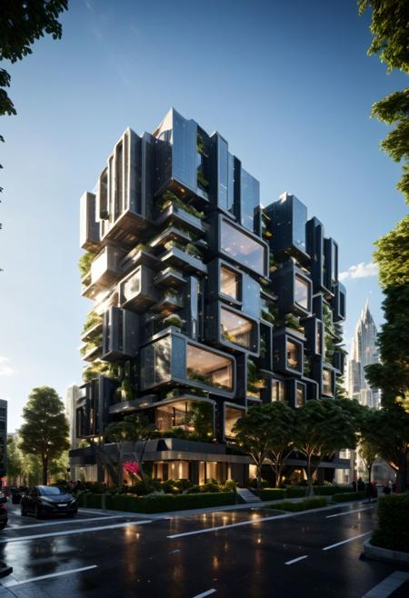 (((Modern style architecture, housing, luxury residence))),
outdoors, sky, tree, blue sky, no humans, ground vehicle, building, scenery, reflection, city, cityscape, bare tree, skyscraper, real world location,
(Large Files, Ultra Realistic, 8K, 16k, FHD, HD, VFX, Perfect, Photography, composition, Architecture Sales Photography, Architecture Competition, Ultra High Resolution, Cinematography, High Resolution Image:1.1), (dramatic lighting, direct sunlight, ray tracing, clear shadow:1.2), (real landscape:1.1), (blurred background:1.0), (urban background, more_details)  
(avant-garde, future, reality, science fiction, photorealistic), (modern architecture:1.2), White limestone with black granite, fountain, waterfall, landmark, square, path, narrow street,
(Large Files, Ultra Realistic, 8K, 16k, FHD, HD, VFX, Perfect, Photography, composition, Architecture Sales Photography, Architecture Competition, Ultra High Resolution, Cinematography, High Resolution Image:1.1), (dramatic lighting, direct sunlight, ray tracing, clear shadow:1.2),  (real landscape:1.1), (blurred background:1.0), (urban background, more_details) ,
great lighting, extremely detailed, clear, SteamPunk, futuresurban