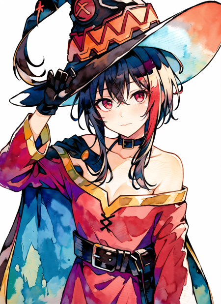 akagi shun, megumin, 1girl, bare shoulders, black cape, black gloves, black hair, blush, cape, choker, collarbone, dress, hair between eyes, hat, long sleeves, looking at viewer, medium hair, off-shoulder dress, off shoulder, red dress, red eyes, sidelocks, solo, witch hat,  ((masterpiece)), (watercolor) <lora:akagi_shun_offset:1>