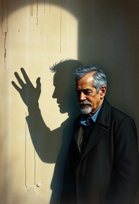 A weary man’s shadow on the wall
, photographer, surrealism, portrait
, fantasy, magic, watercolor, ink, acrylic,   emotional turmoil, character expression, digital art, chalk drawings, colorful designs, nostalgic atmospheres