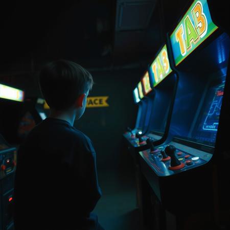 a behind view of a lone tween playing and old 80's video game in a dark arcade.