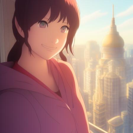 1girl, solo, highly detailed eyes, detailed face, intricate details, brown hair, short hair, double bun, brown eyes, chinese dress, street fighter, looking at viewer, seductive smile, happy, cityscape, soft lighting, ((cartoon)), comic, realistic, portrait, upper body, WakasaKakiage