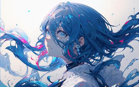 8k wallpaper, masterpiece,Cinematic Lighting, best quality,Illustration,dramatic angle, ((colorful:1.1)), ((colored inner hair:1.4)),
1girl, solo, long hair, water, blue eyes, choker, parted lips, white choker, liquid hair, white hair, bangs, from side, profile, upper body, blue hair, simple background, grey background, bare shoulders, portrait, looking at viewer, white dress, hair between eyes, multicolored hair, white background,earrings, <lora:beautifulDetailedEyes_v10:1>