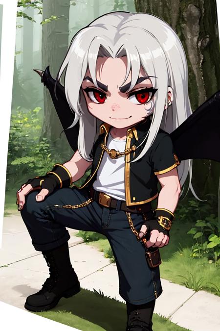 demonavenger, 1boy, facial mark, long hair, red eyes, gloves, white hair, male focus, wings, fingerless gloves, chibi, tattoo, colored skin demonavenger, 1boy, facial mark, long hair, red eyes, gloves, white hair, male focus, wings, fingerless gloves, tattoo, colored skin