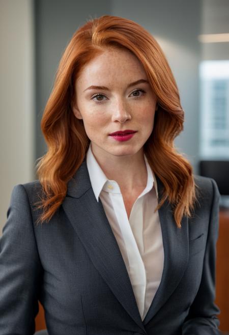<lora:sd_xl_offset_example-lora_1.0:1.2> raw photo, raw picture, realism, realistic style, a photo \(medium\) of katiekones \(subject\), wearing a women's business suit \(wardrobe\), in the board room \(background\), red hair, thin lips, facial skin fuzz, body freckles, full body, portrait, highres, best quality, full sharp, 4 k photography, real <lora:katiekones_v1:1>, detailed skin texture, (blush:0.5), (goosebumps:0.5), subsurface scattering, RAW candid cinema, 16mm, color graded portra 400 film, remarkable color, ultra realistic, textured skin, remarkable detailed pupils, realistic dull skin noise, visible skin detail, skin fuzz, dry skin, shot with cinematic camera