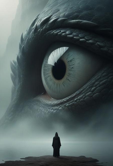 a striking and surreal scene that combines elements of both the natural world and fantasy. Dominating the composition is a massive, reptilian eye, filling almost the entire frame. The eye is highly detailed, with a slit-like pupil that suggests it belongs to a large, powerful creature, perhaps a dragon or another mythical being. The texture around the eye is rugged and scaly, giving the impression of ancient, weathered skin. In the lower portion of the image, a solitary human figure stands before the eye, dressed in a flowing black robe. The figure is tiny in comparison to the colossal eye, emphasizing the vast difference in scale and power between the two. (((The girl))) stands on a surface that appears to be water or mist, which reflects the eerie, otherworldly light that surrounds the scene. The atmosphere is misty and dreamlike, adding to the sense of mystery and awe. Overall, the image is both dramatic and thought-provoking, blending cultural elements with a fantastical imagination to create a visually captivating scene.
