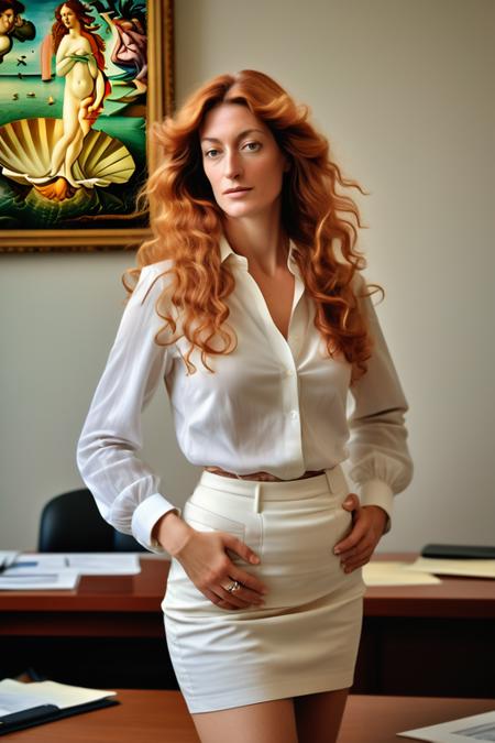 Photograph of Simonetta Cattaneo Vespucci, Botticelli's model for Birth of Venus, dressed in modern  fashion, (ginger type), very long stylish hair, professional dress, Wall Street Executive, CEO, soft pastel, high color contrast, gently faded tones, timeless elegance, highly detailed, master's touch, casual elegance, chiaroscuro lighting, evocative old-world charm. Ektachrome analog film print, 
