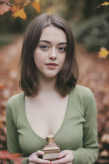 award winning medium shot color photograph of beautiful 20 years old woman ImogenD, tight green sweatshirt, autumn, falling leaves, medium breasts, hyper realistic photograph, detailed collarbones, detailed face, body shot, perfect proportions, face in frame, film grain, Eye contact, Kodak portra 800, f1.8, --ar 2:3 --beta --upbeta