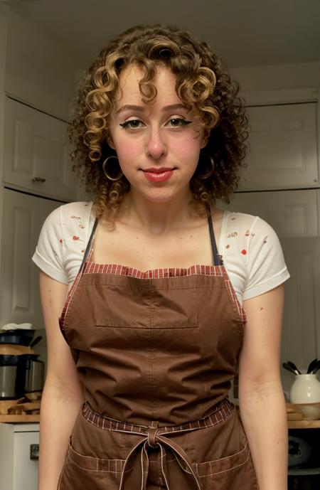 (portrait shot), waist up, masterpiece, best quality, 1 mature woman, smile, closed mouth, brown eyes, curly blonde hair, Psycheswings wearing an apron, eyeliner, red lips, closed mouth, kitchen interior, <lora:Psycheswings-000003:1>