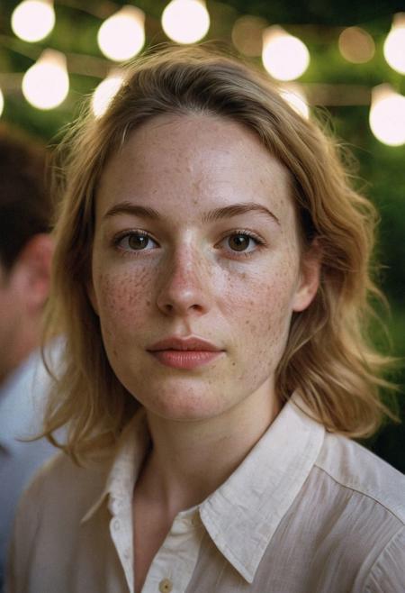 A stunning iPhone photo of a 39 year old pretty Dutch woman, shirt, skirt, cute, absolute beauty, round face, pale skin, blonde hair, brown eyes, beautiful eyes, freckles, freckles and moles all over body, natural breasts, soft breasts, large areola's, early summer, soft natural light, highly realistic skin, highly realistic face, highly realistic eyes, at a garden party, party lights, many people in background, you can tell from the expression on her face that she is highly sexually aroused, low light, soft natural light, Rembrandt style light, made with a Hasselblad camera, 35mm, film grain, masterpiece, sharp focus