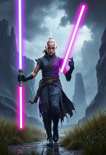 a centered below shot high detailed digital art illustration of a jedi knight in a walking pose holding with 2 purple light-sabers, wearing grey ripped dirty jedi tunic dripping with no sleeves and bare-arms,  looking at viewer with angry face, bald young girl, black gloves. volumetric light from above, rim lighting,
the background is a foreign planet with giant rocks,
high grass in the wind, rain, storm, rainy day with dark clouds