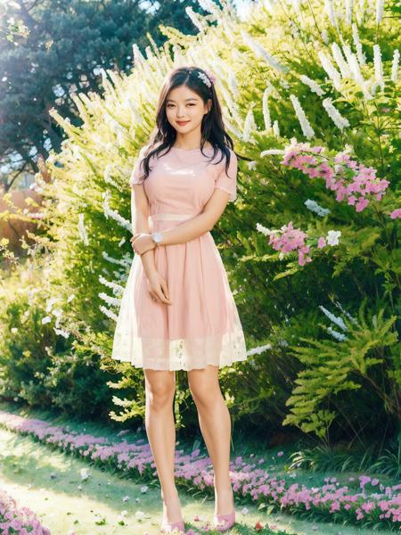 KYJung, pink summer dress, standing in a flower field, smile, (8k, RAW photo, best quality, masterpiece:1.2), (realistic, photo-realistic:1.37), professional lighting, photon mapping, radiosity, physically-based rendering, octane render <lora:KYJung:1>