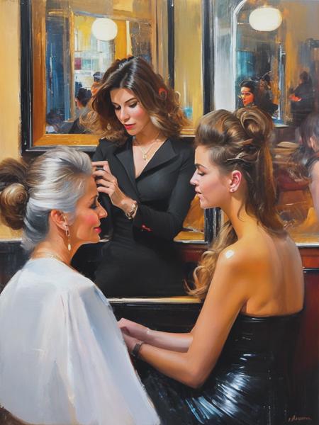 <lyco:BenAronson:1.0> women sitting in a hair salon with a photo, in the style of george digalakis, inessa garmash, illusory hyperrealism, john lowrie morrison, minolta riva mini, commission for, dutch golden age