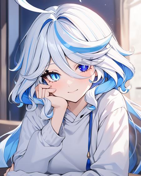  furina \(genshin impact\),   heterochromia,hat,bule hair,blue eyes,ascot,brooch,long sleeves, jacket,blue bow,gloves,white shorts, thigh strap focalors_(genshin_impact), blue_eye,sclothing_cutout, flat_chest, multicolored_clothes, gold_trim,gradient_dress