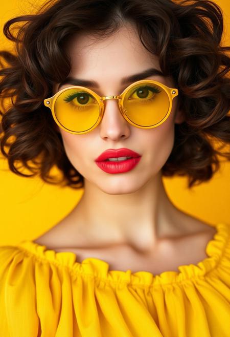 Close-up of a woman with dark brown, wavy hair and round, yellow sunglasses. 
The woman is positioned against a solid yellow background. Her face and upper torso are the central focus.  Her skin appears smooth and light-toned. 
She has a soft, slightly lifted expression, and her lips are painted with a vibrant, coral-toned lipstick. Her eyes are visible beneath the sunglasses.
The sunglasses are round and yellow, with gold-toned rims and a noticeable frame.  
The woman is wearing a loose, yellow, off-the-shoulder top with a ruffled or pleated design. The fabric looks like a type of soft, flowing silk or chiffon. The fabric texture is visible; the pleats and folds are apparent.
The lighting highlights the woman's features and creates a warm, slightly soft glow. The yellow background contrasts sharply with her skin and clothing, emphasizing her appearance. The image's overall aesthetic is fashion-oriented, possibly for a magazine or social media.
<lora:FLUX-daubrez-DB4RZ-v2:1> DB4RZ, DB4RZ style painting