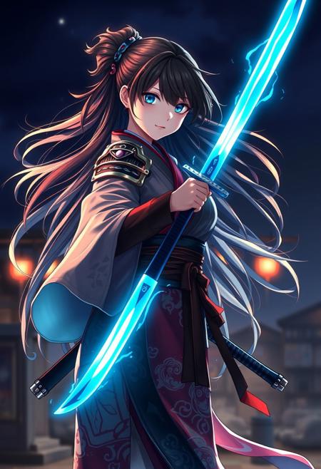 Shinobi girl wearing a kimono with shoulder armor, she's holding a katana glowing with blue energy, her long hair is flowing in the wind, she stands outside in nighttime training for her next battle. (maximum ultra high definition image quality and rendering:3), maximum image detail, maximum realistic render, (((ultra realist style))), realist side lighting, , 8K high definition, realist soft lighting, <lora:FluxMythG0thicL1nes:0.6> <lora:FluxMythR3alisticF:0.5> <lora:RetroAnimeFluxV1:0.6> <lora:OB半写实肖像画V2.0:0.6>